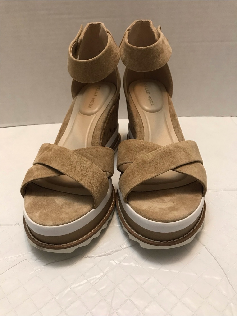 Pelle Moda Tan Crisscross Wedge Sandals with Ankle Strap